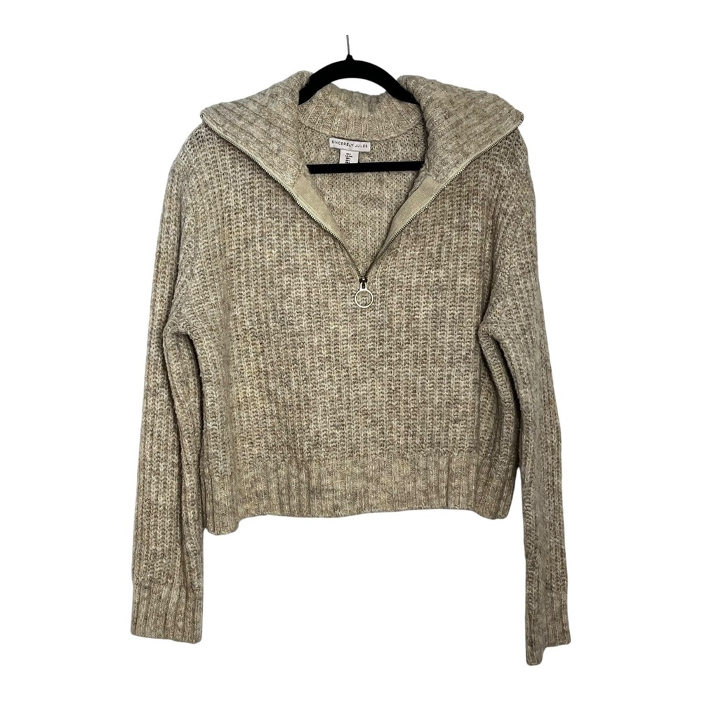 Sincerely Jules Womens Large Oatmeal Marled Quarter Zip Chunky Knit Sweater L